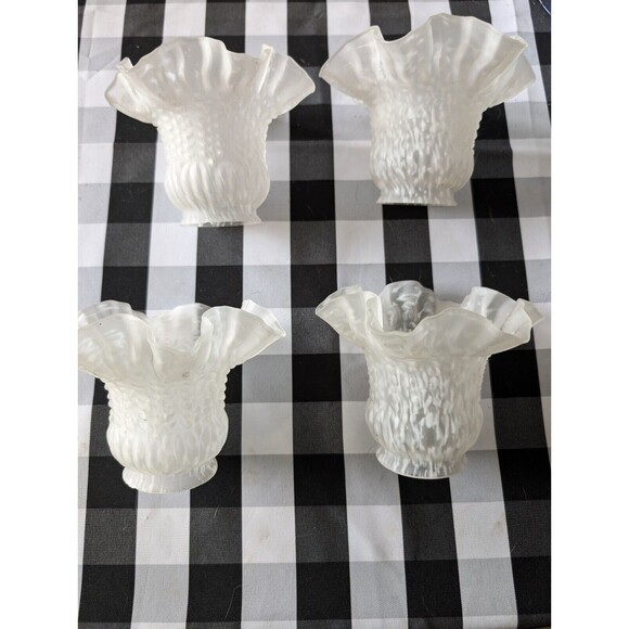 Four White Frosted Mottled Glass Ruffled Scalloped Tulip Lamp Shade 2 1/4". - Picture 4 of 9